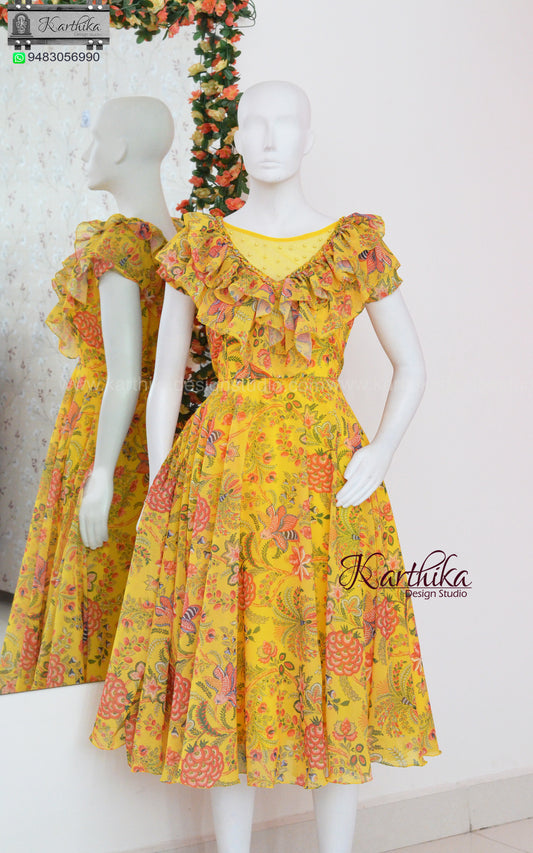 Yellow floral georgette frock