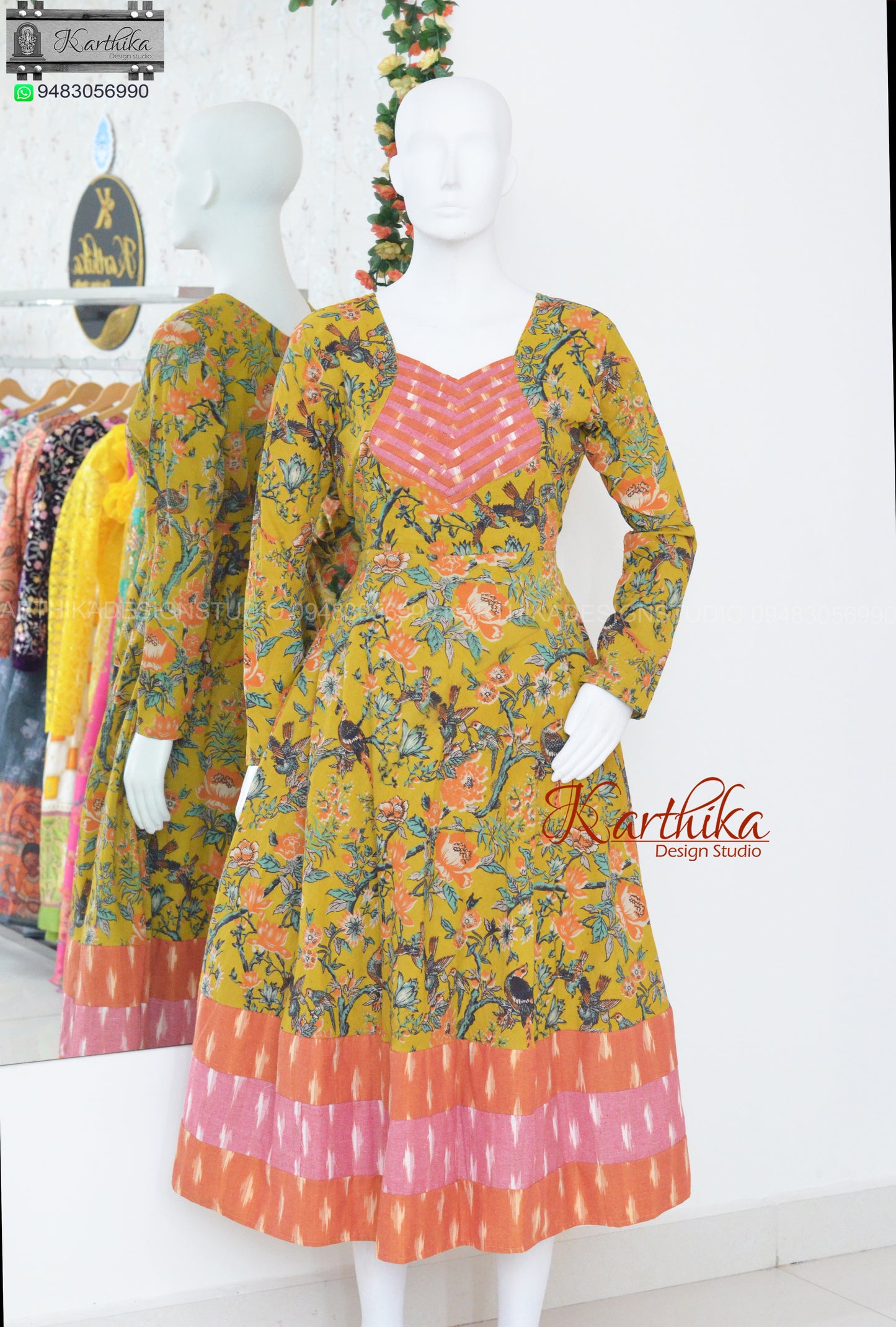 Yellow kalamkari and ikkat cotton frock