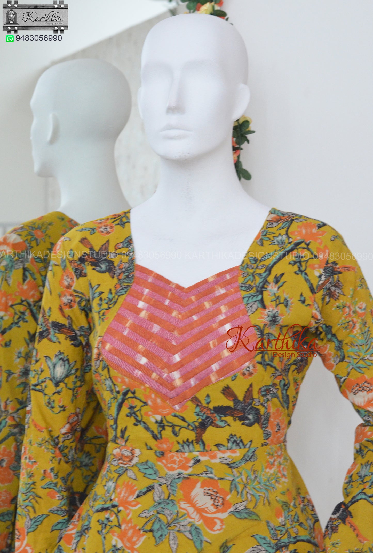 Yellow kalamkari and ikkat cotton frock