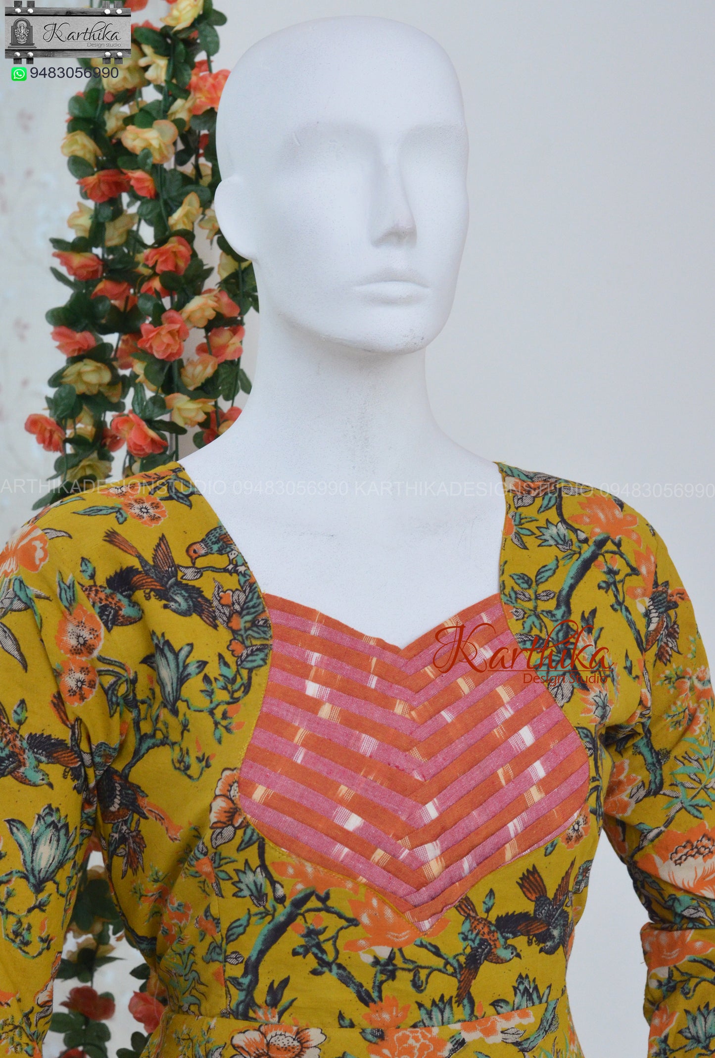 Yellow kalamkari and ikkat cotton frock