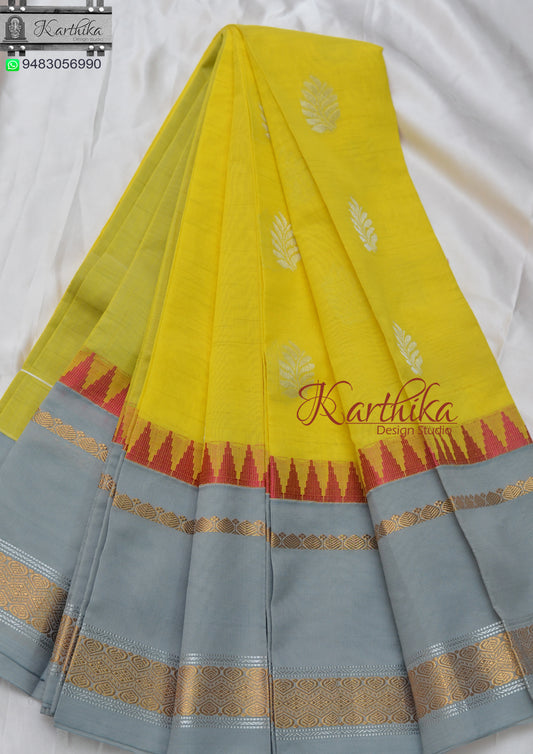 Kuppadam cotton saree with zari border-Yellow