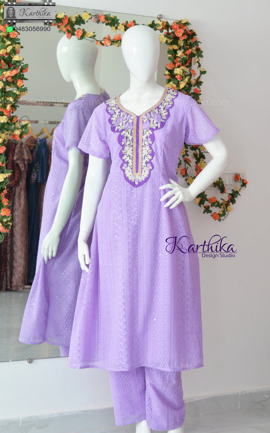 Embroidered georgette A line kurthi set