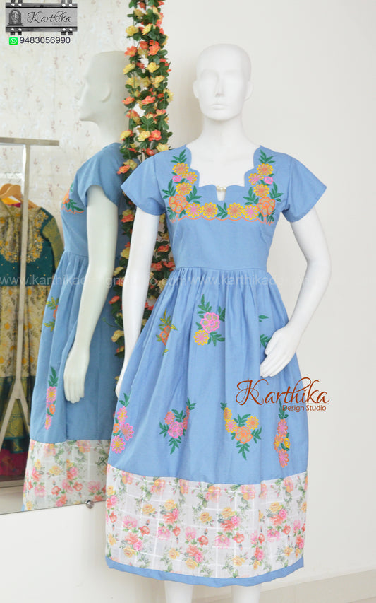 Embroidered denim frock with pockets