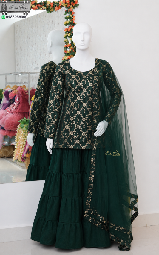 Bottle green banarasi silk sharara