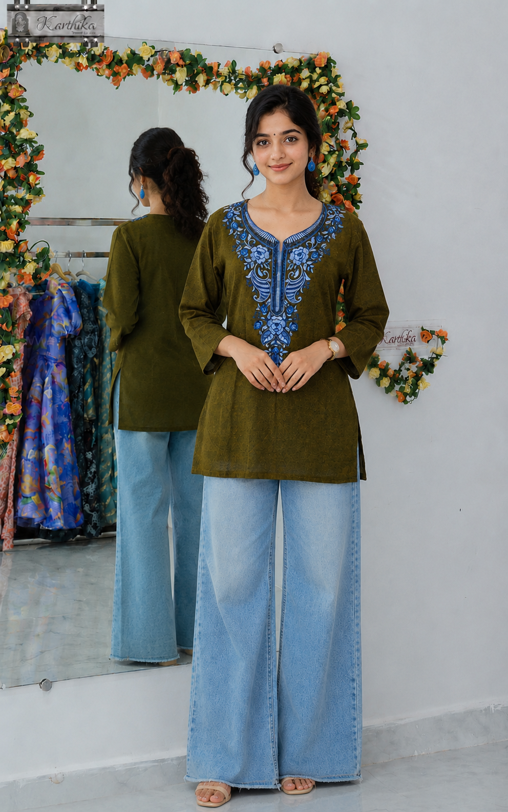 Embroidered ikkat cotton tunic