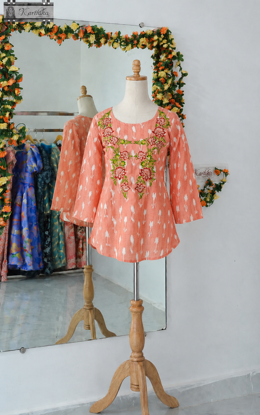 Embroidered ikkat cotton tunic