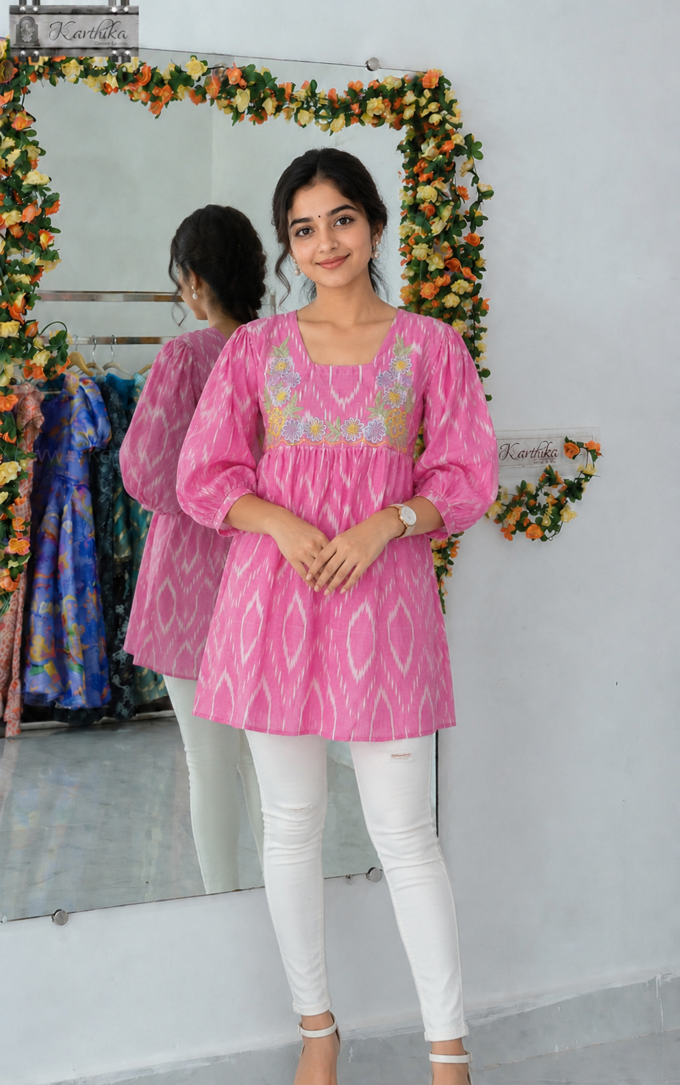Embroidered ikkat cotton tunic