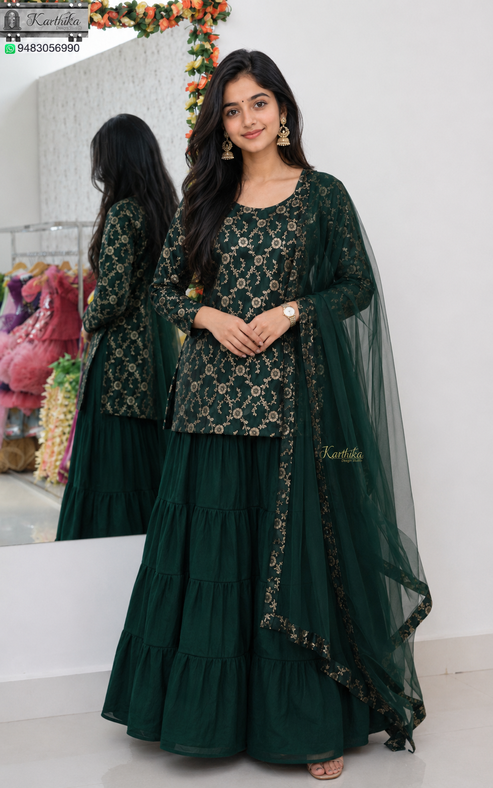 Bottle green banarasi silk sharara