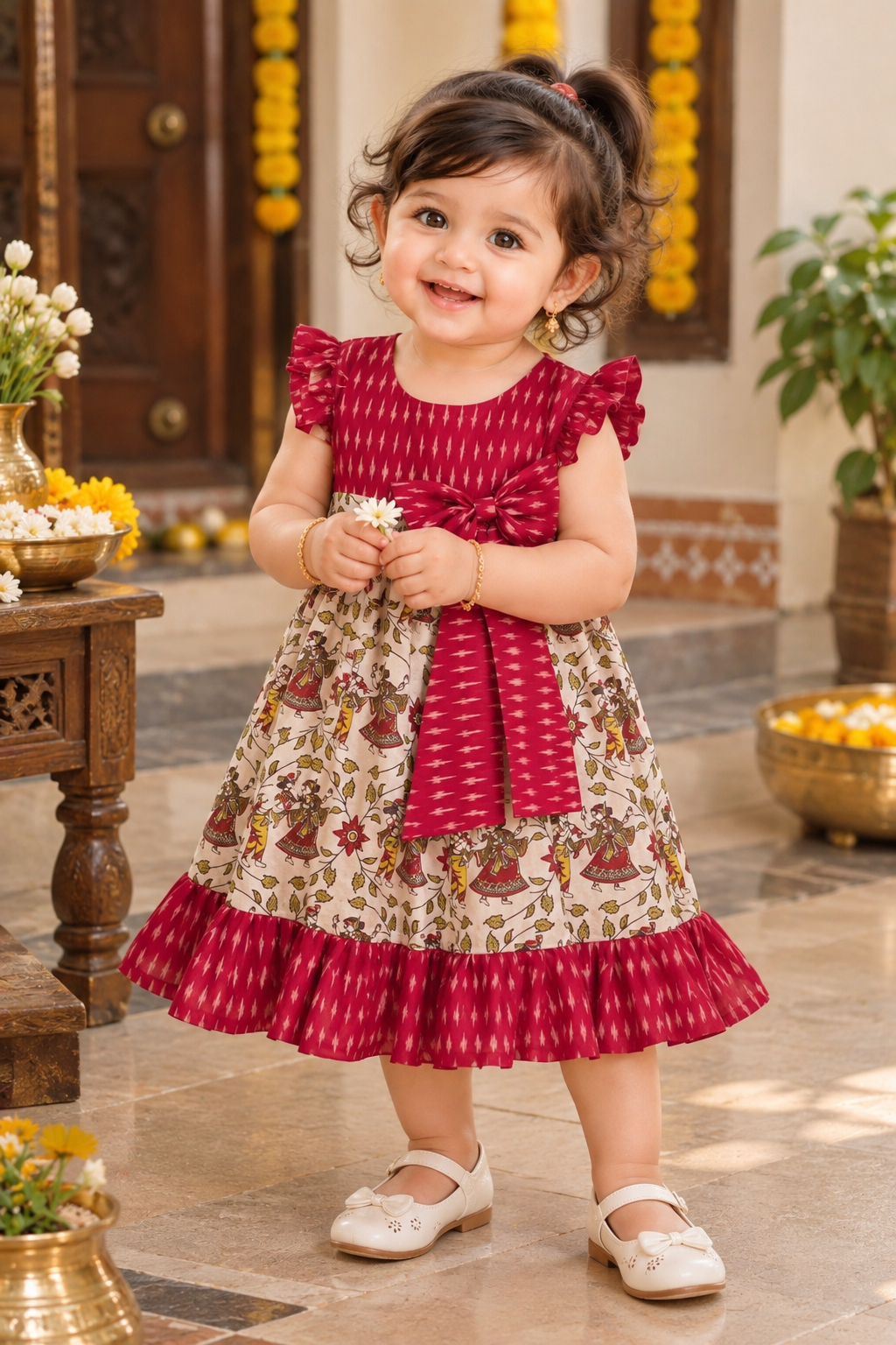 Ikkat silk and kalamkari silk frock