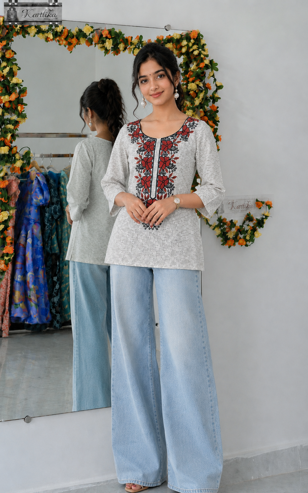 Embroidered ikkat cotton tunic