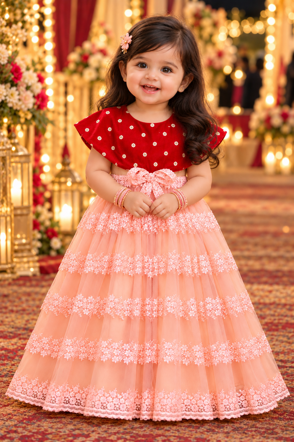Embroidered net frock with velvet cape