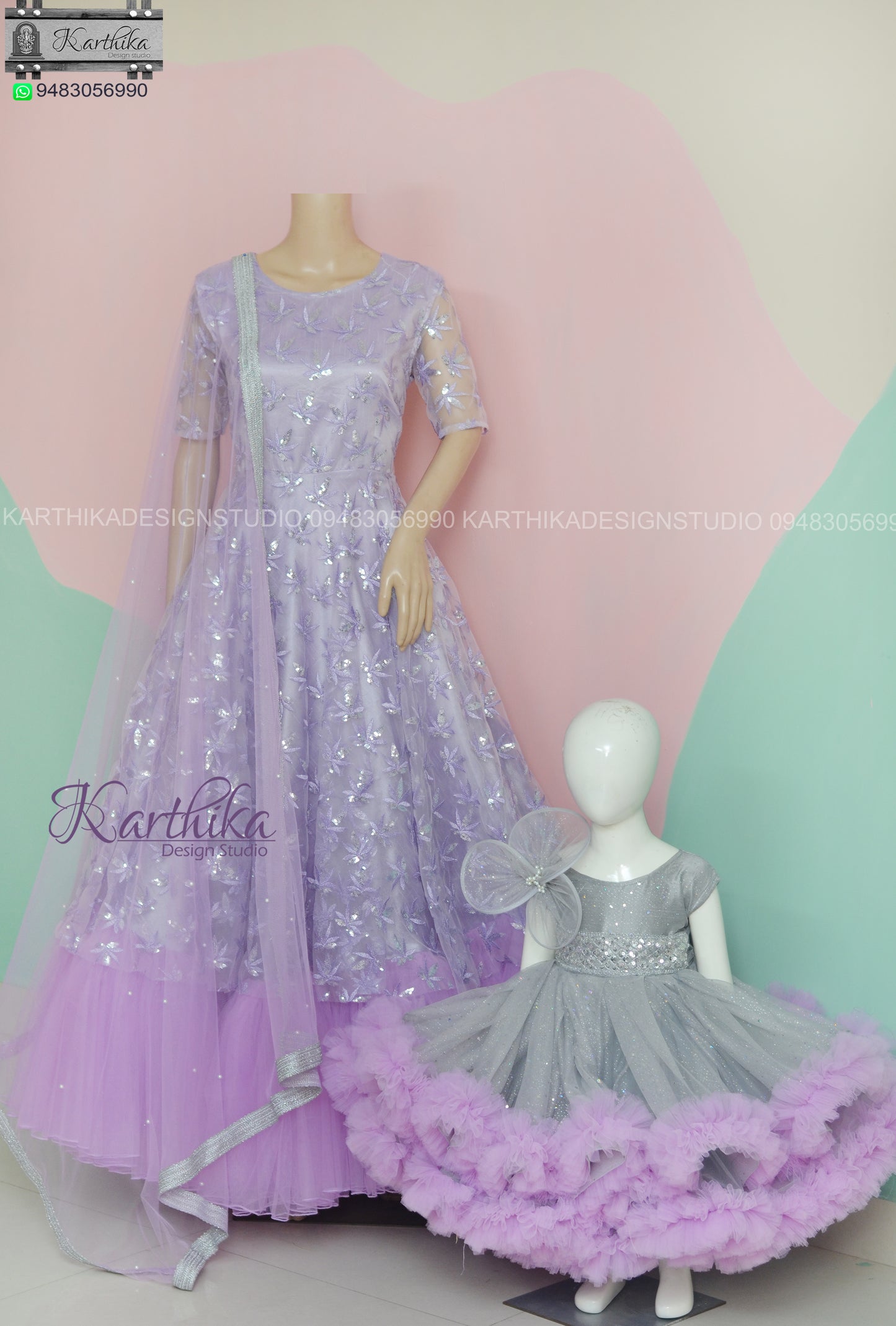 Lavender embroidered net long gown