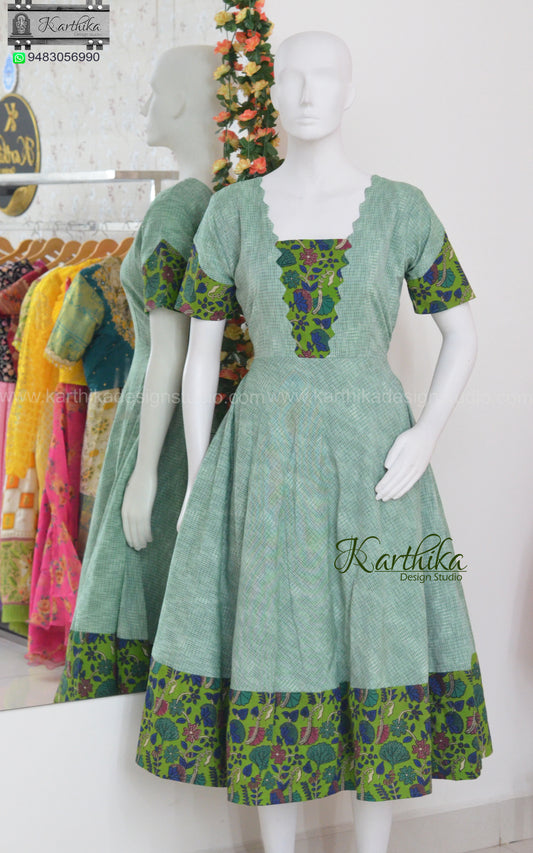 Kalamkari and mint green ikkat kurthi