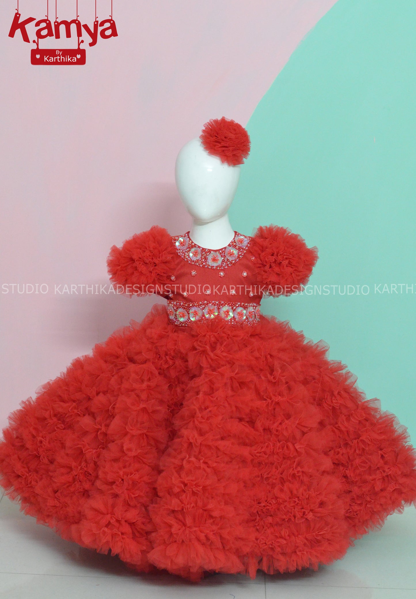 Red ruffles net Birthday frock..