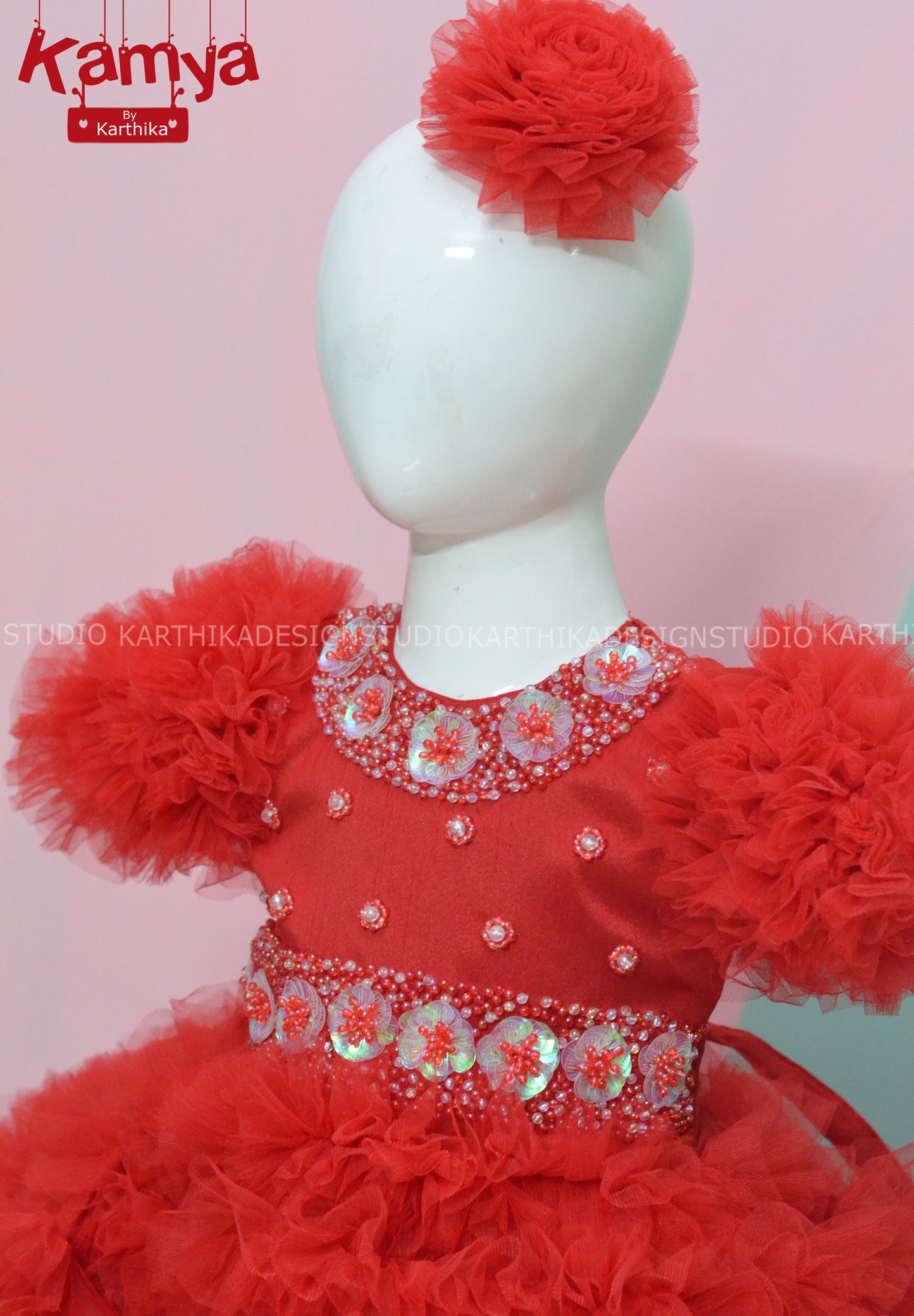 Red ruffles net Birthday frock..