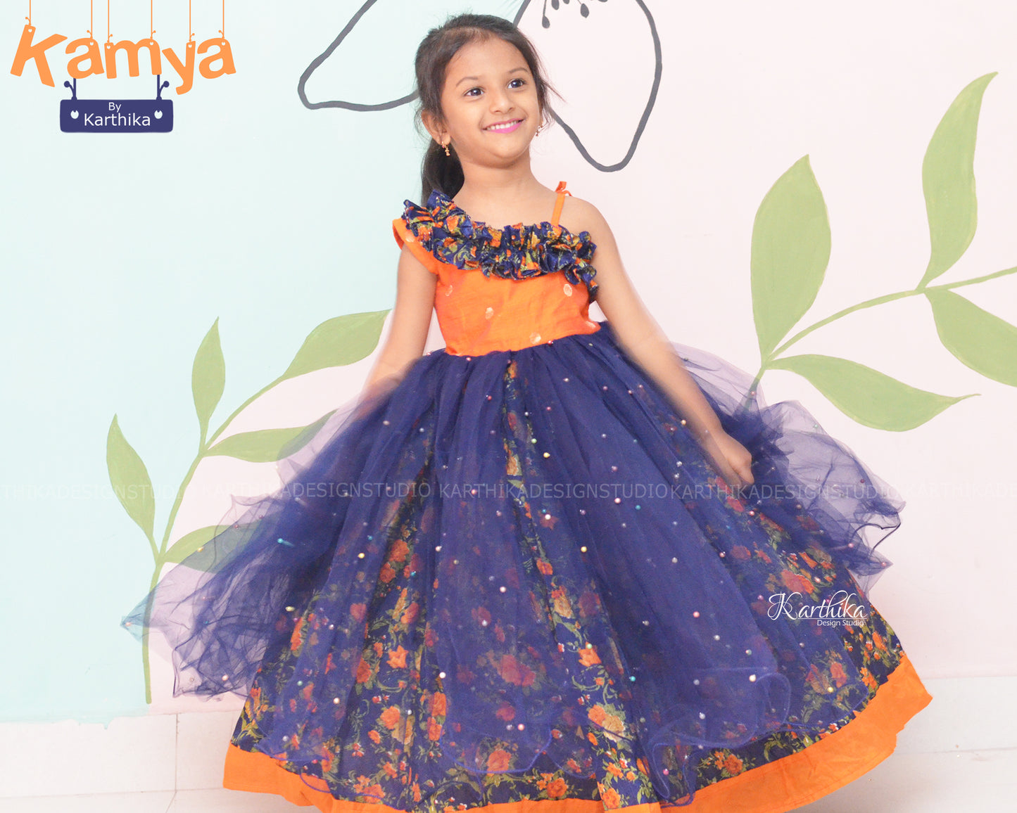 Navy blue and orange birthday frock