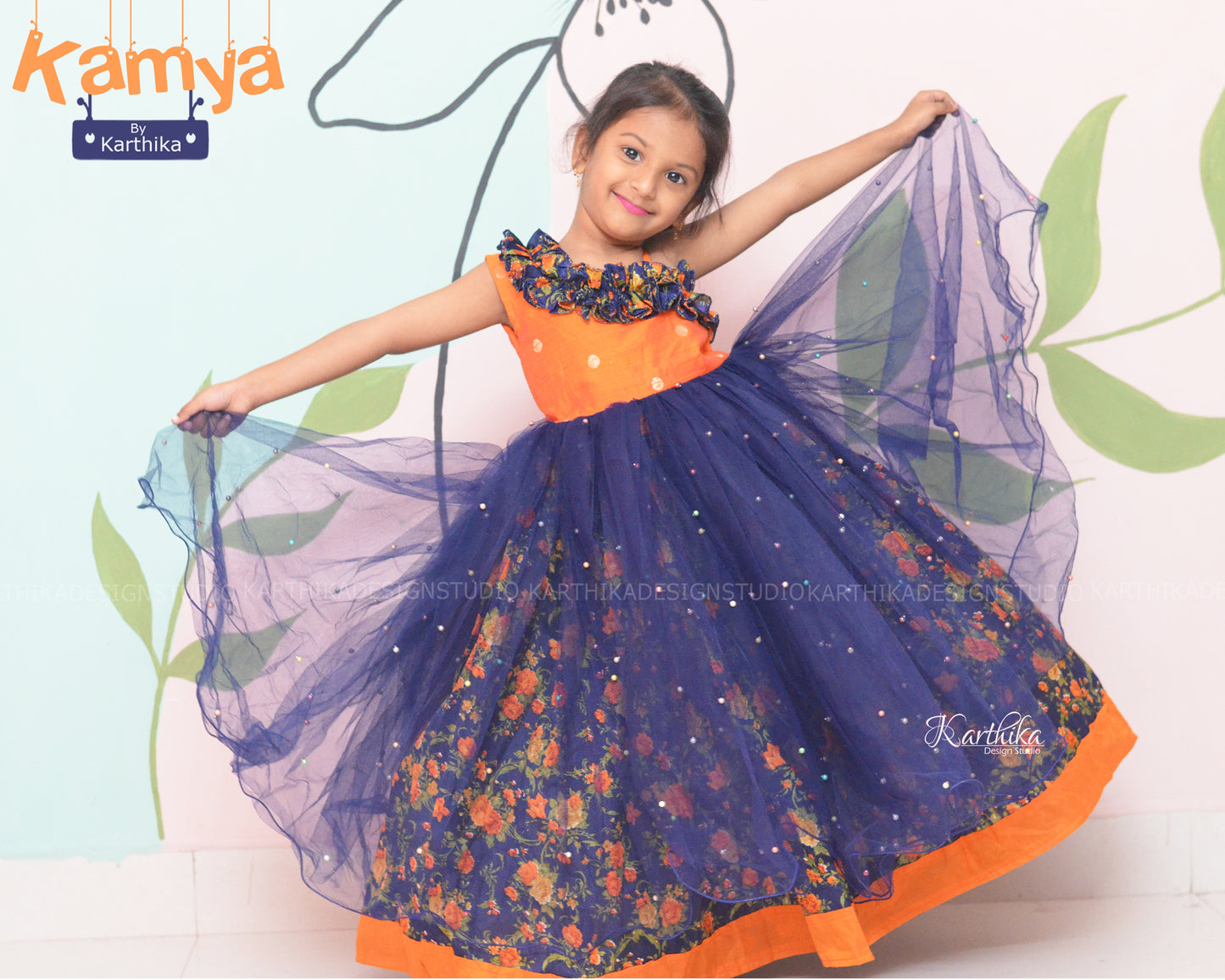 Navy blue and orange birthday frock