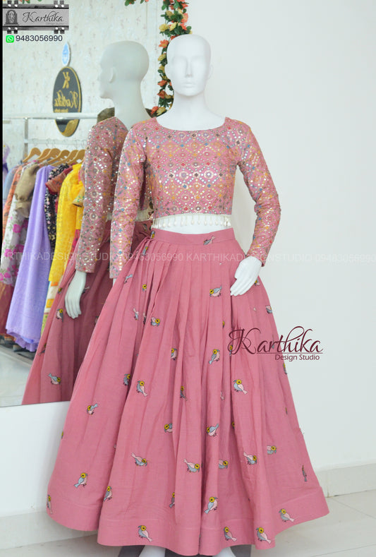 Embroidered georgette and cotton crop top lehenga