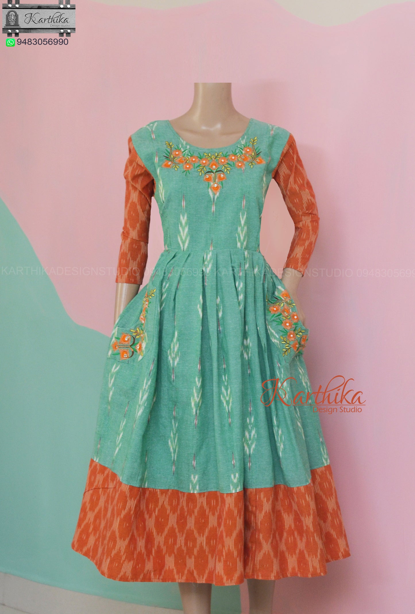 Sea green/Orange Ikkat kurthi with pockets..