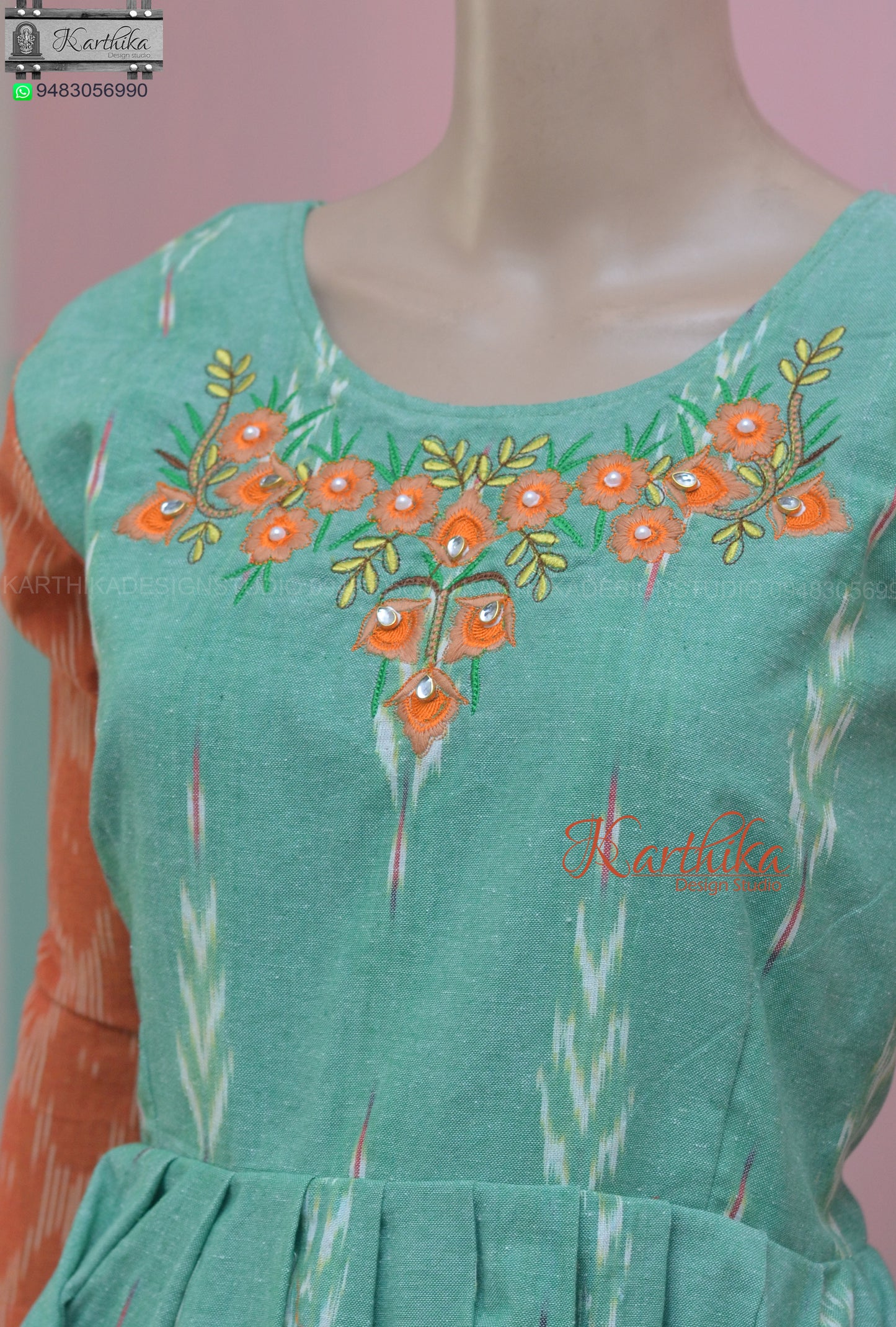 Sea green/Orange Ikkat kurthi with pockets.. – karthika design studio