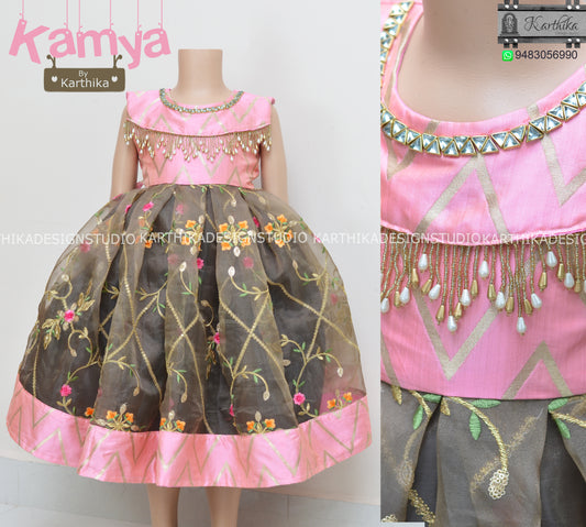 Banarasi silk/embroidered organza frock..