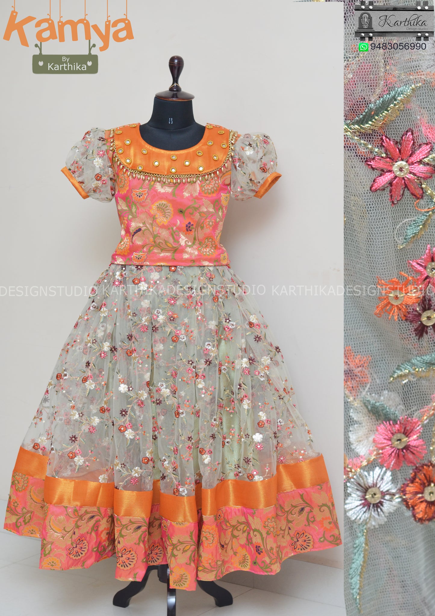 Banarasi silk crop top and embroidered net lehenga.