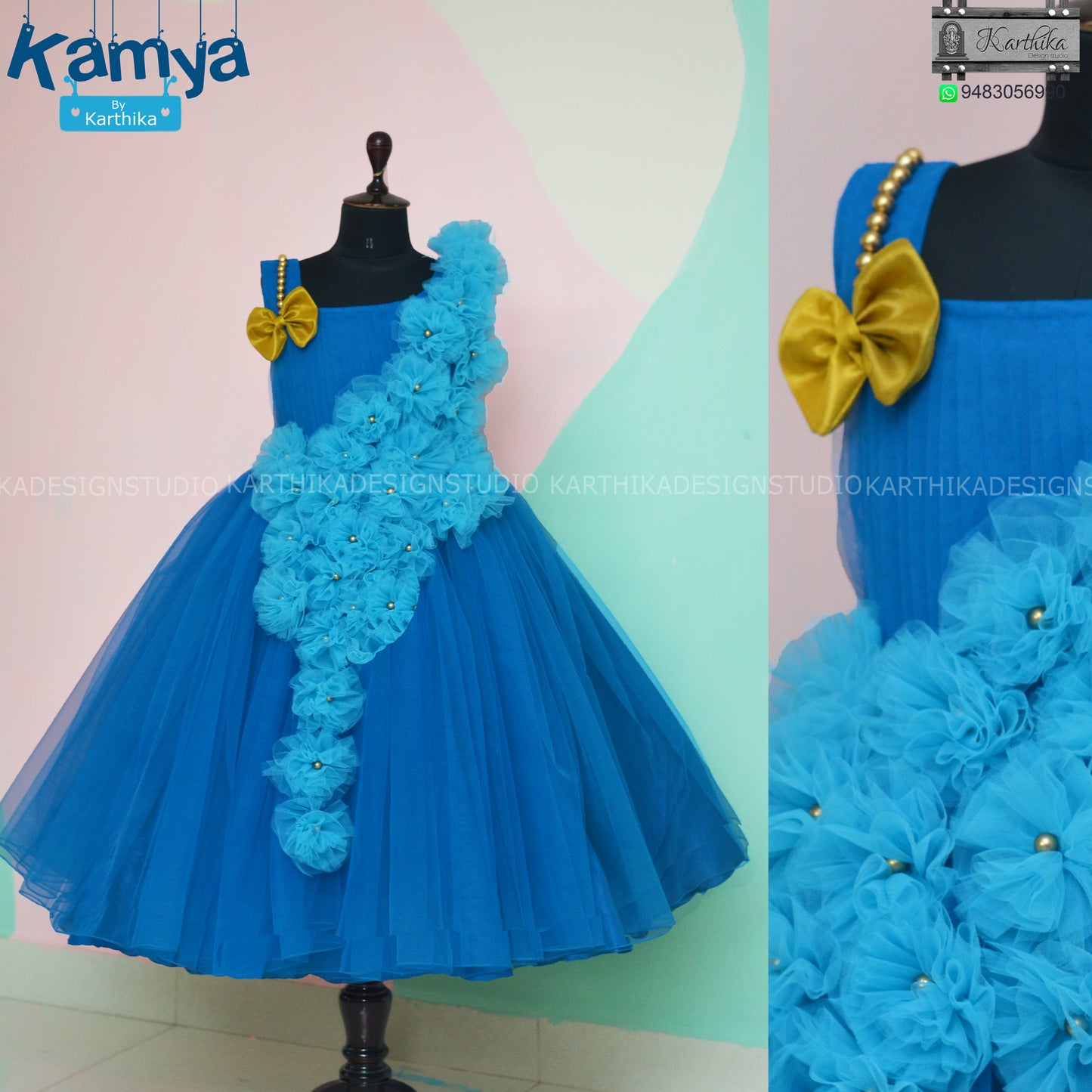 Net frock with 3d flowers..
