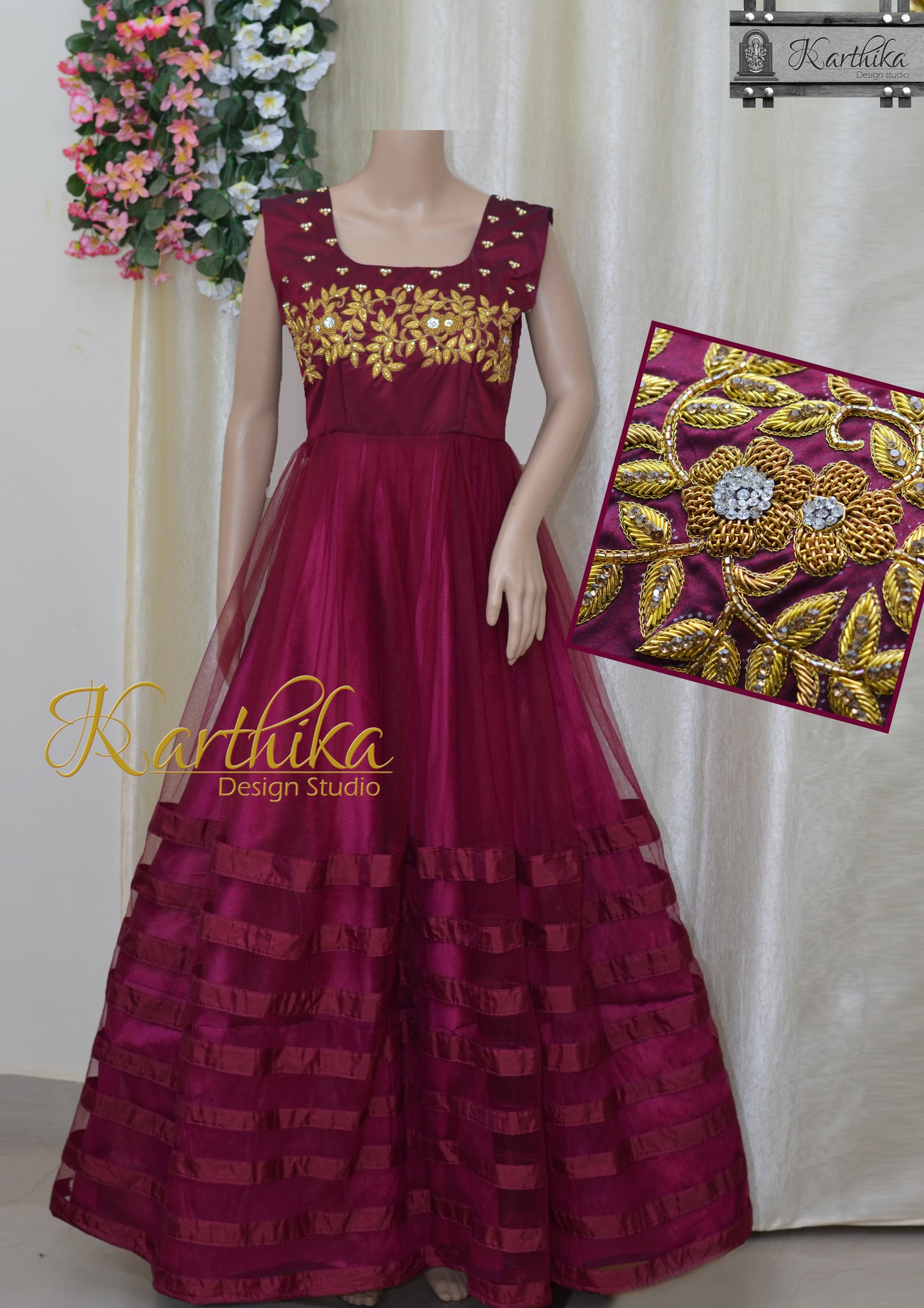 Embroidered net long gown..