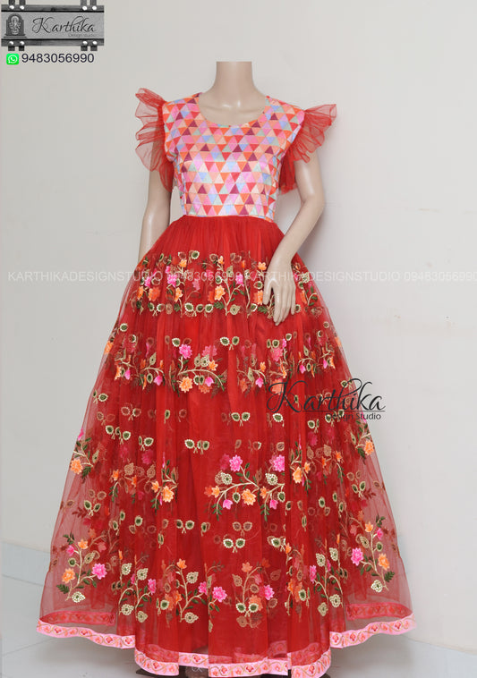 Embroidered net long gown..