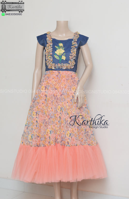 Embroidered Denim/georgette frock