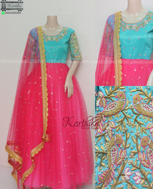 Embroidered raw silk/ net long gown..