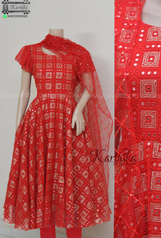 Red Embroidered georgette chudidhar