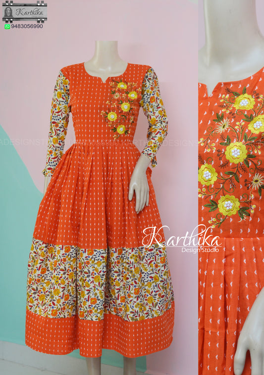 Orange Jacquard cotton/printed cotton kurthi..