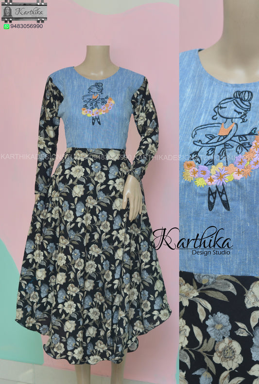 Embroidered ikkat/printed rayon kurthi..